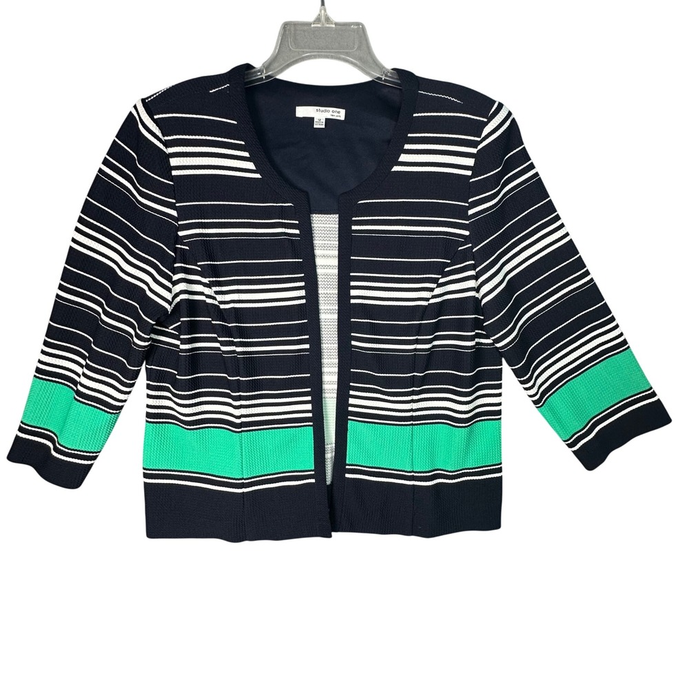 Studio One Striped Open Front Blazer Professional Career Navy Green Sz 12 Preppy